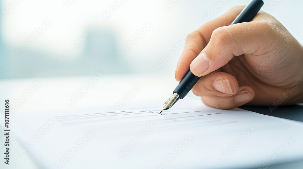 A hand lifting pen to sign voter registration form, symbolizing civic engagement and participation in democracy. focus is on act of signing, conveying sense of responsibility and commitment A hand lifting pen to sign voter registration form, symbolizing civic engagement and participation in democracy. focus is on act of signing, conveying sense of responsibility and commitment