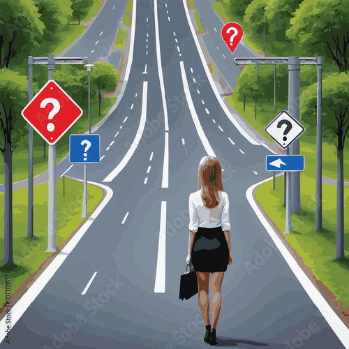 Business or career decision vector concept. Businesswoman standing at crossroads. Symbol of challenge, choice, change, new opportunity. Eps10 vector illustration.