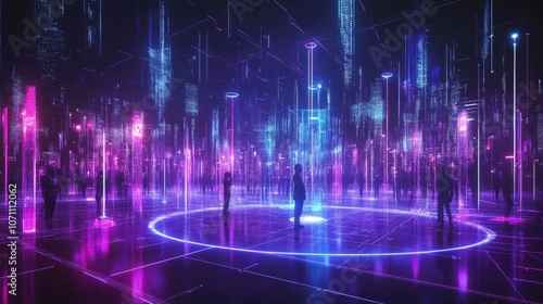 Neon Cityscapes with Digital Light and Silhouettes of People in a Futuristic Setting