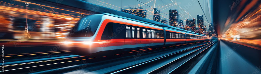 Fototapeta premium A futuristic train speeding through hyper connected cityscape, showcasing vibrant lights and dynamic motion. scene captures essence of modern transportation and urban life
