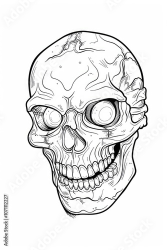 Coloring book illustration of a spooky bone monster mask with glowing eyes handcrafted and designed for a fun and imaginative coloring experience