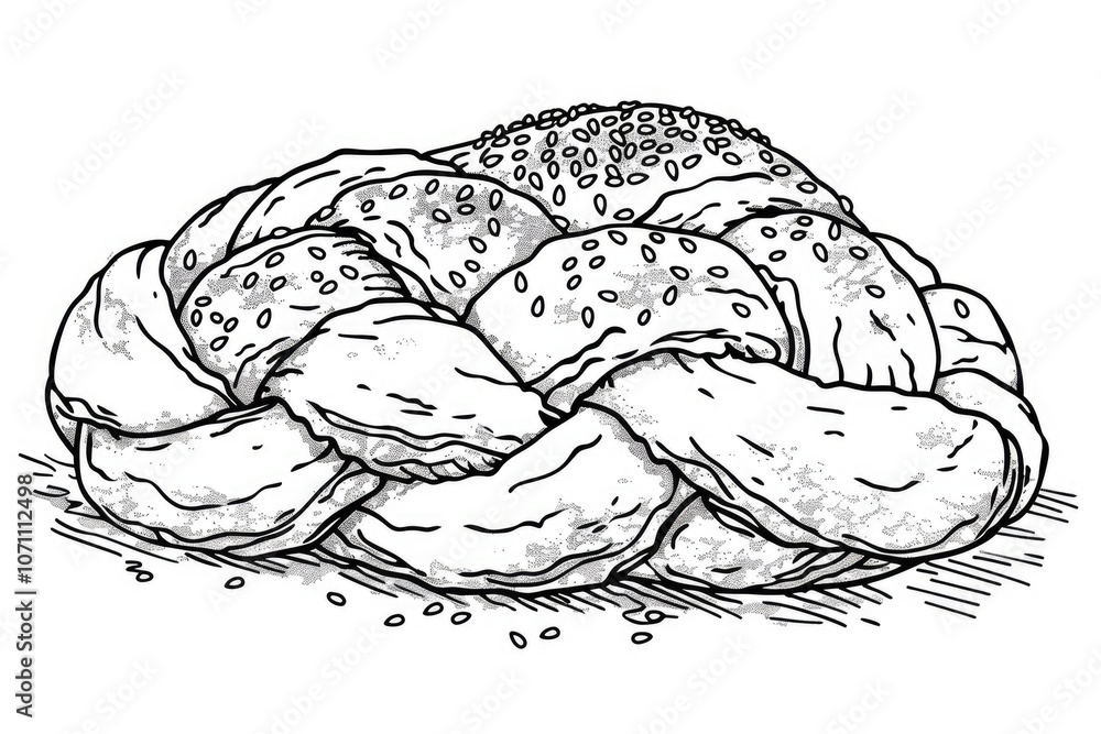 Coloring book illustration of a braided bread a traditional homemade treat Crafted from eggs white flour water yeast and sugar Adorned with sesame and poppy seeds Coloring book illustration of a braided bread a traditional homemade treat Crafted from eggs white flour water yeast and sugar Adorned with sesame and poppy seeds