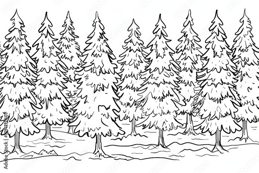 Obraz premium Coloring book illustration of a frosty forest scene Winter landscape with snow covered trees