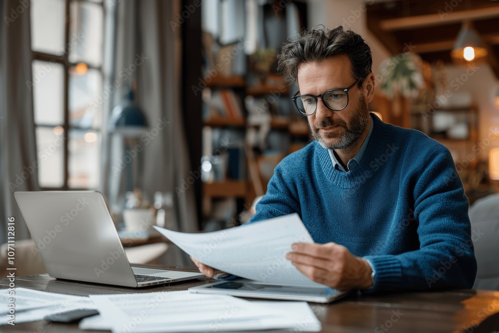 Obraz premium Happy businessman reading documents while working on laptop at home office