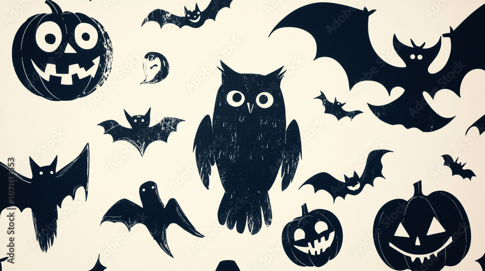 Halloween Pattern with Bats Pumpkins and an Owl Halloween Pattern with Bats Pumpkins and an Owl