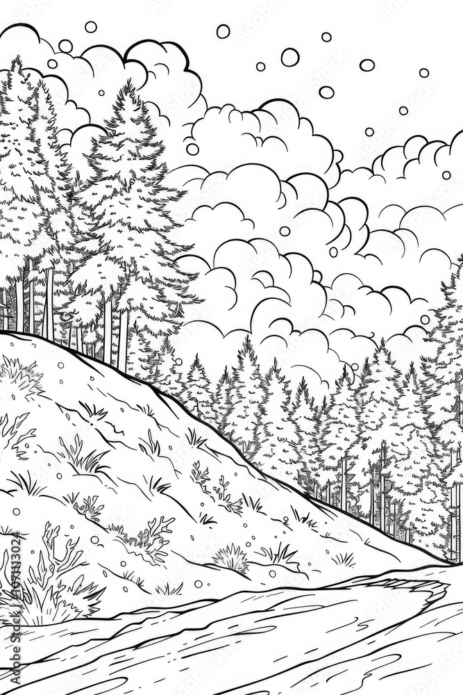 Obraz premium Coloring book illustration of a snowy forest hill under a cloudy sky showcasing natural beauty