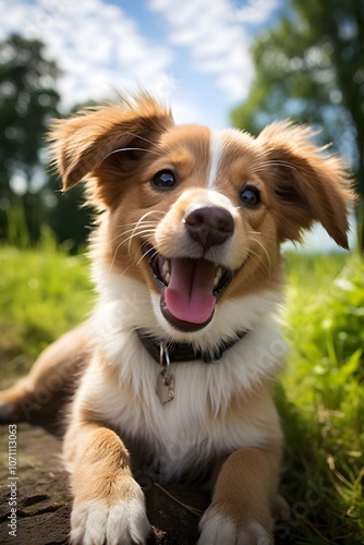  A happy dog with large ears and expressive eyes looks directly at the camera, radiating friendliness. Its fluffy fur and bright smile make the portrait especially appealing. 