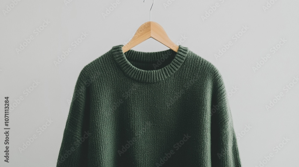 Green Knit Sweater Hanging on Wooden Hanger Green Knit Sweater Hanging on Wooden Hanger