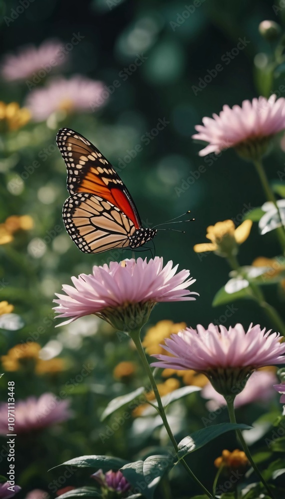 Naklejka premium A group of striking butterflies dances gracefully around blooming flowers in a colorful garden. The bright blossoms create a lively atmosphere under the warm sunlight. Generative AI