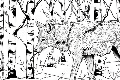 Coloring book illustration of a Coyote Sniffing at a Packmate Among Birch Trees in Winter photo