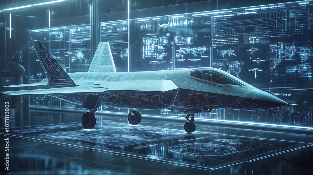3D holographic display of futuristic military aircraft in a digital lab 3D holographic display of futuristic military aircraft in a digital lab