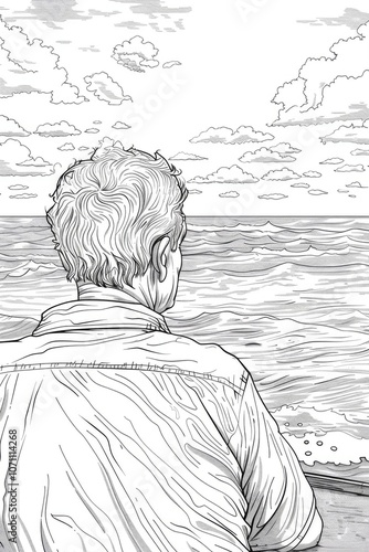 Coloring book illustration of an adult man gazing at the ocean photo