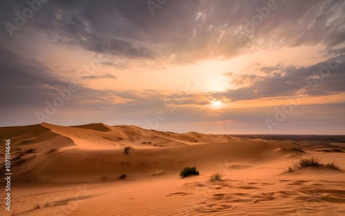 Golden Desert Sunset - Serene Landscape with Warm Colors and Endless Sand Dunes