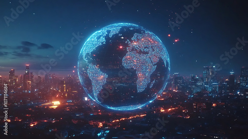 A digital globe surrounded by city lights, representing global connectivity and the internet's impact on the world