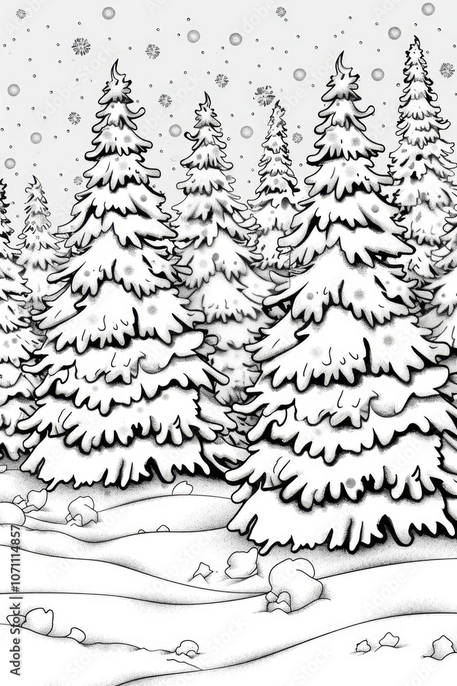 Obraz premium Coloring book illustration of evergreen trees blanketed in snow after a winter storm