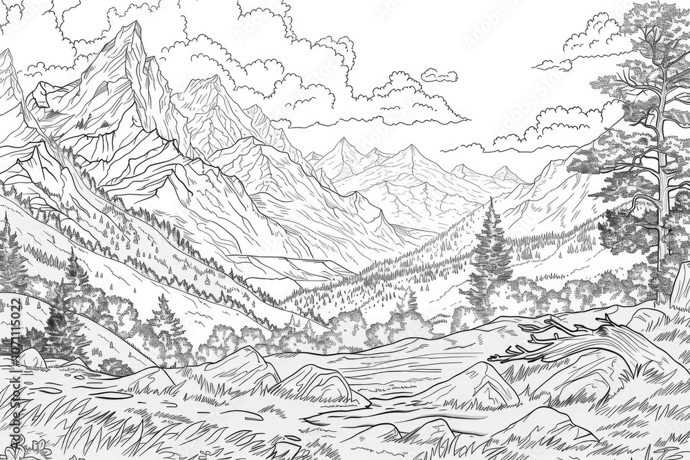 Coloring book illustration of a scenic view featuring majestic mountains and sweeping landscapes Coloring book illustration of a scenic view featuring majestic mountains and sweeping landscapes