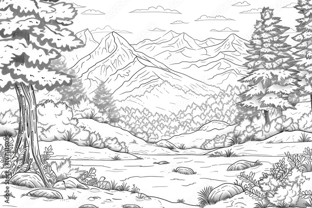 Naklejka premium Coloring book illustration of a serene snowy mountain landscape
