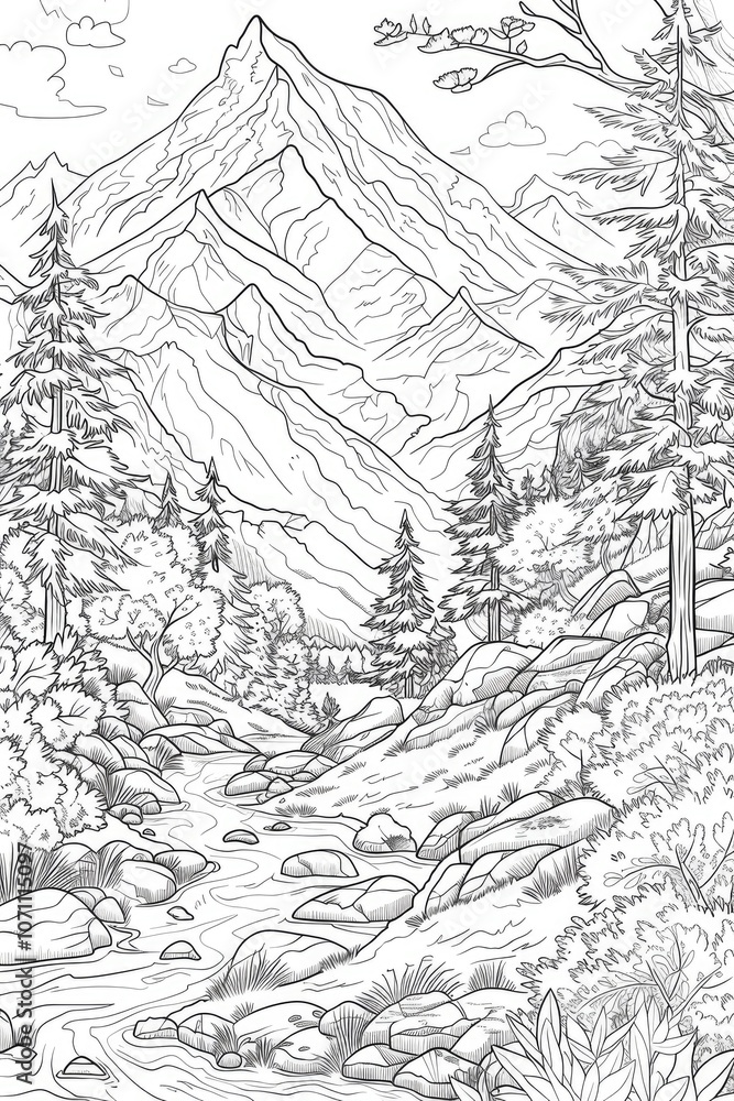 Coloring book illustration of a trekking scene in the mountains Coloring book illustration of a trekking scene in the mountains