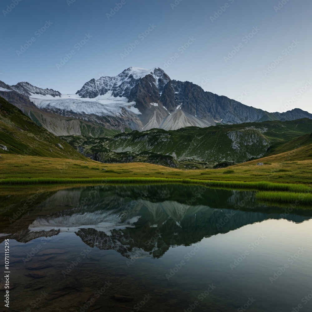 Calm alpine lake with perfectly still water reflecting snow-capped peaks Calm alpine lake with perfectly still water reflecting snow-capped peaks