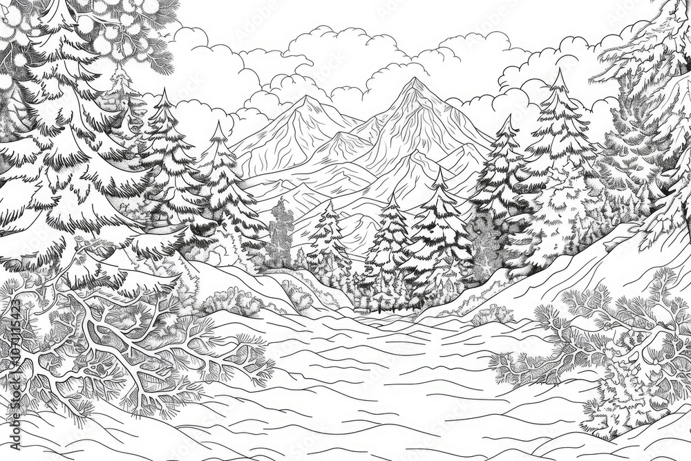 Naklejka premium Coloring book illustration of a snowy mountain scene Winter wonderland