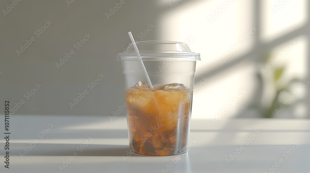A lifelike clear throwaway cup, a transparent plastic cup mockup with a lid, an iced coffee, 3D modeling, and rendering A lifelike clear throwaway cup, a transparent plastic cup mockup with a lid, an iced coffee, 3D modeling, and rendering