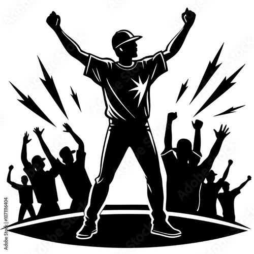 Champion's Roar: A powerful silhouette of a baseball player, arms raised in triumph, surrounded by cheering fans, radiating energy and excitement.