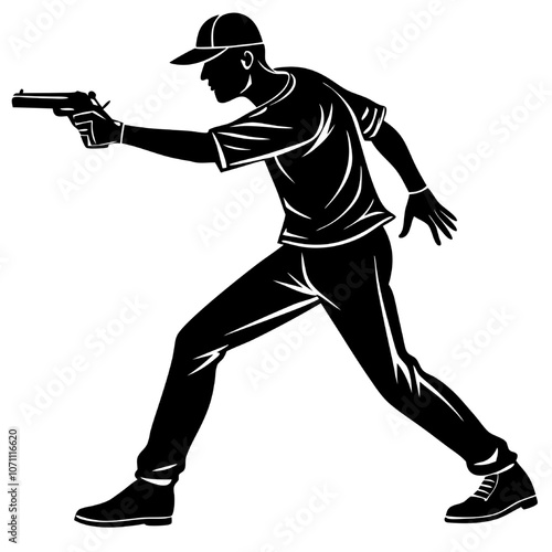 Silhouette of a Man Aiming a Gun: A stark and striking silhouette of a man aiming a gun, creating a powerful and evocative image that can be used for a variety of purposes.  