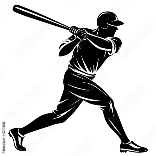 Baseball Player Silhouette: Powerful swing, baseball player silhouette, dynamic pose, vector illustration, sports, athletic, action, game, competition, baseball bat, silhouette art, graphic design.