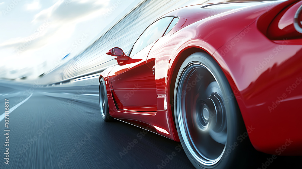 Naklejka premium A red generic and unbranded sport car driving down the highway