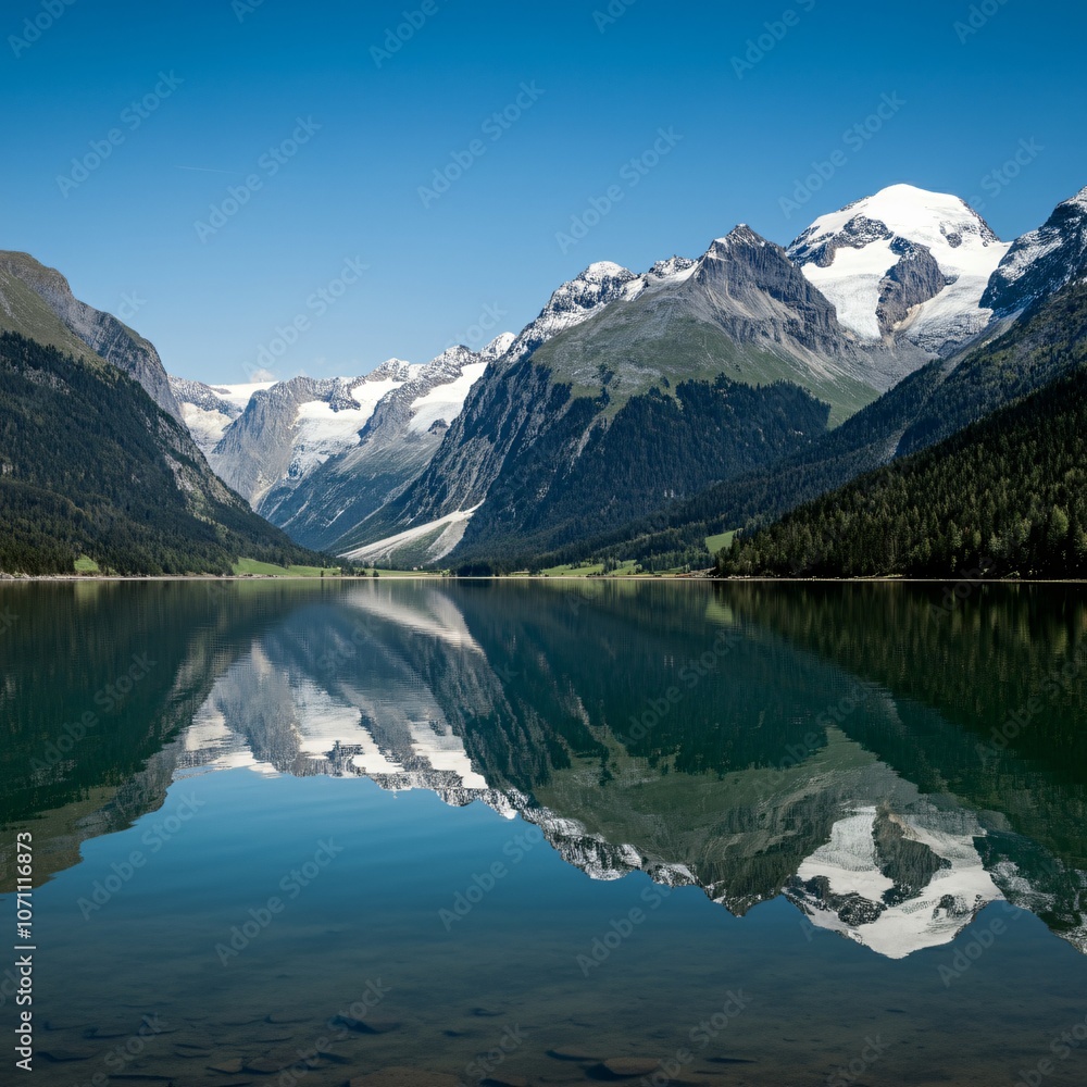 Fototapeta premium Calm alpine lake with perfectly still water reflecting snow-capped peaks