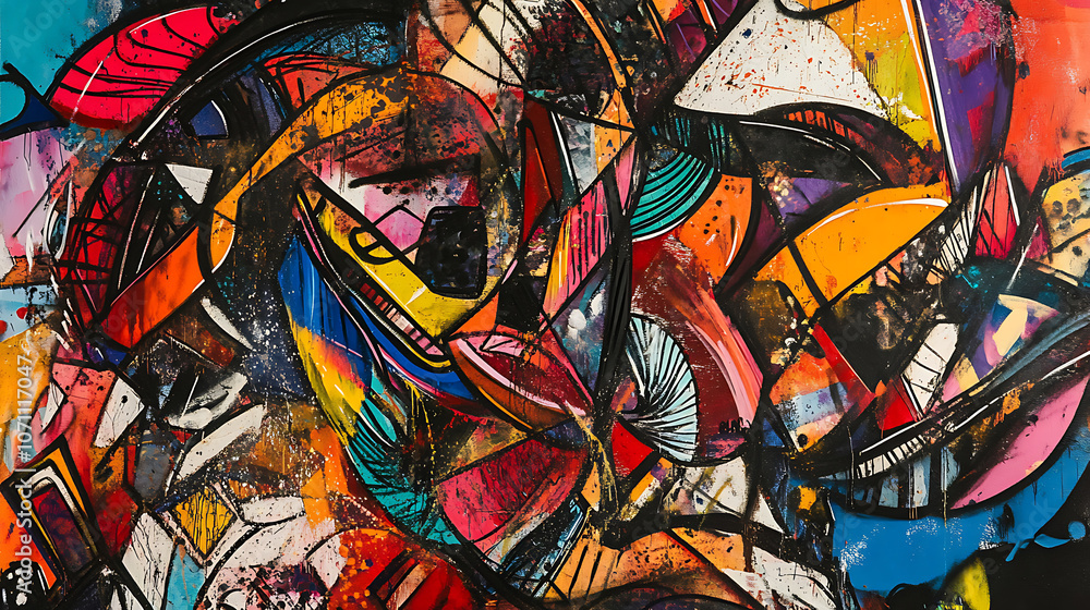 A bold piece of graffiti art characterized by energetic colors and abstract forms, capturing the vibrancy and intensity of urban street art A bold piece of graffiti art characterized by energetic colors and abstract forms, capturing the vibrancy and intensity of urban street art