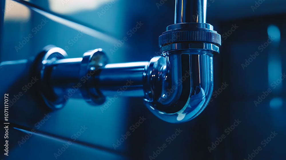A close-up of a kitchen sink drain pipe made of plastic or PVC with a stainless steel drainage connection, illustrating a plumbing system waste trap A close-up of a kitchen sink drain pipe made of plastic or PVC with a stainless steel drainage connection, illustrating a plumbing system waste trap