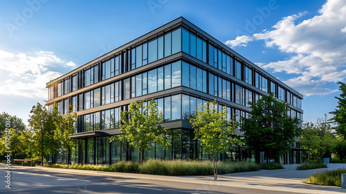 A modern office building with glass windows and trees outside, illuminated by sunlight against the blue sky