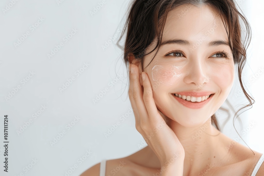 Japanese Woman Smiling with Clean Skin in Beauty Concept Japanese Woman Smiling with Clean Skin in Beauty Concept
