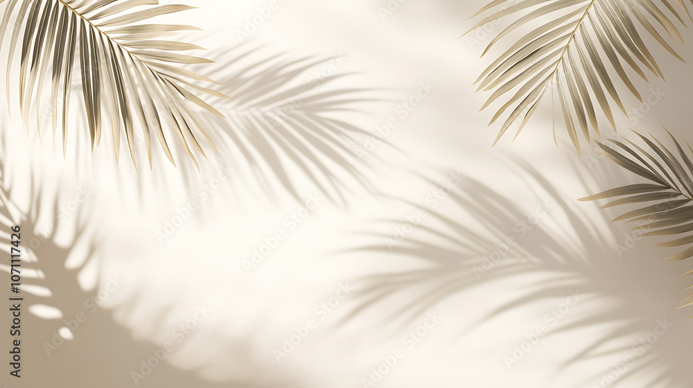 Fototapeta premium Abstract shadow of palm leaves on the white wall from early morning sunlight, Shadow of leaf on the wall, Transparent soft light and shadows from branches, plant, foliage, Product presentation, mockup