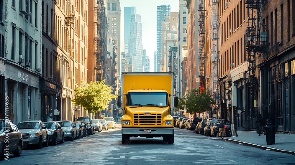Obraz premium A yellow truck driving down a street in the city