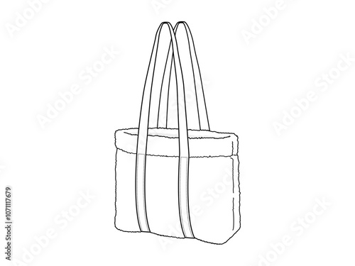 Faux fur tote bag technical fashion illustration. Fuzzy Tote Handbag fashion flat technical drawing template. 3 4 view. collection. unisex. white colour. CAD mockup.