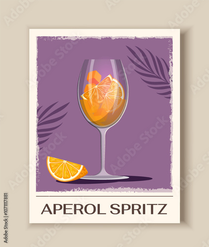 Cocktail retro poster. Aperol spritz with orange slices in glass. Tropical and exotic alcoholic drink and beverage. Flyer and booklet. Flat vector illustration isolated on beige background