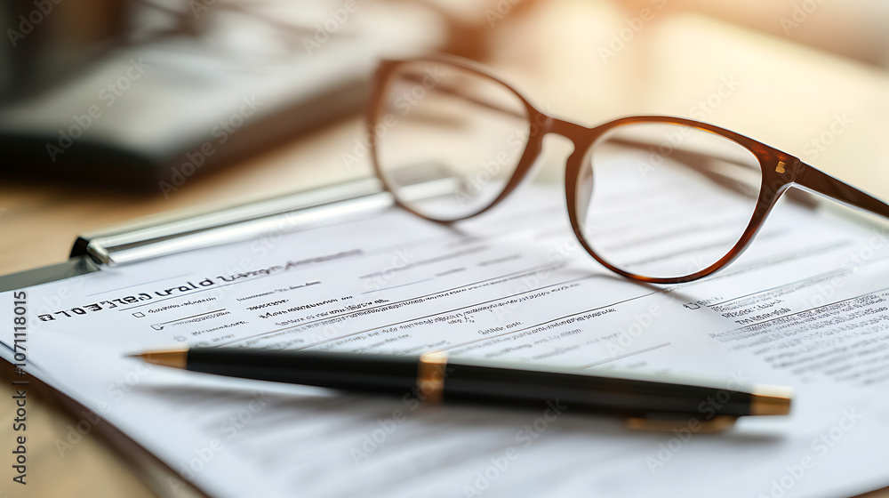 Accident report form with pen and glasses on table Accident report form with pen and glasses on table