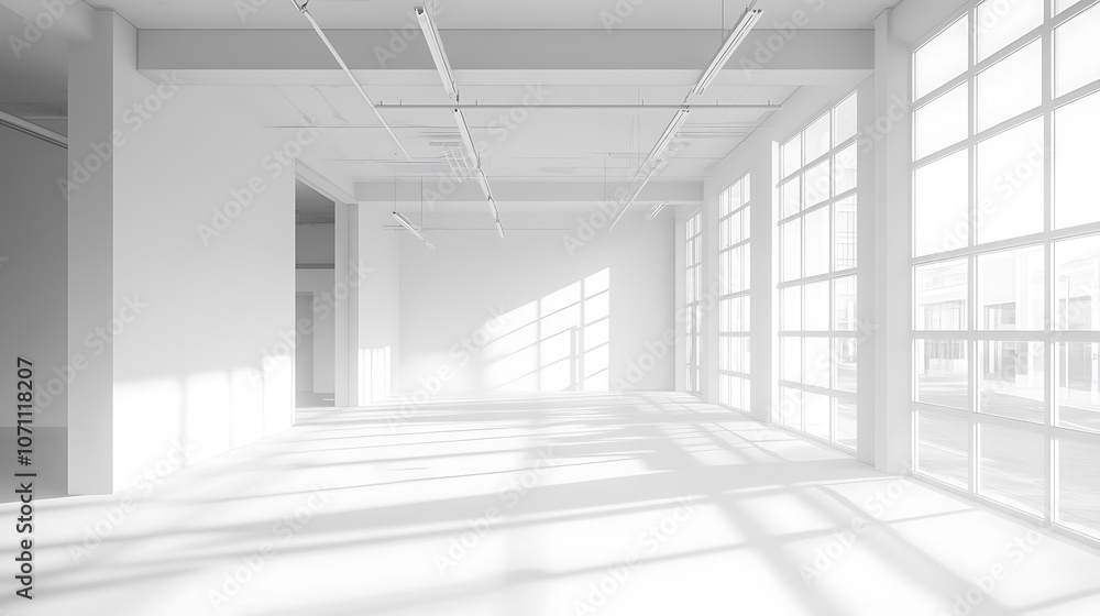 Fototapeta premium An empty unfinished white room with a large window