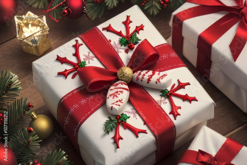 Beautifully Wrapped Christmas Gift Box with Red Ribbon and Festive Ornaments.