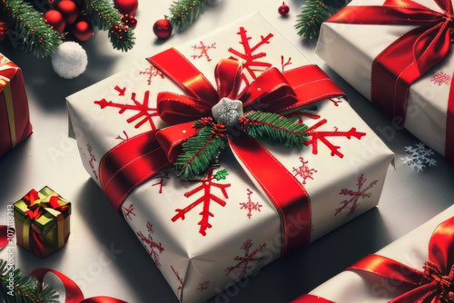 Beautifully Wrapped Christmas Gift Box with Red Ribbon and Festive Ornaments.