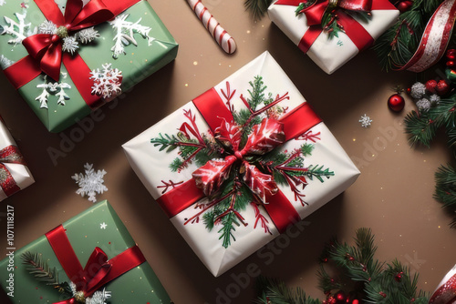 Beautifully Wrapped Christmas Gift Box with Red Ribbon and Festive Ornaments.
