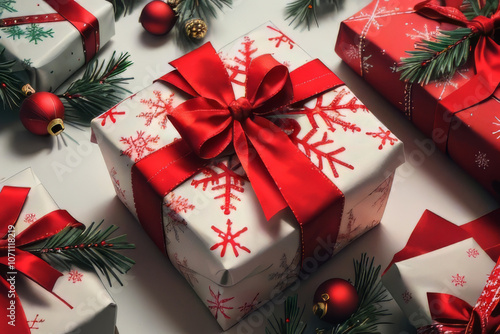 Beautifully Wrapped Christmas Gift Box with Red Ribbon and Festive Ornaments.