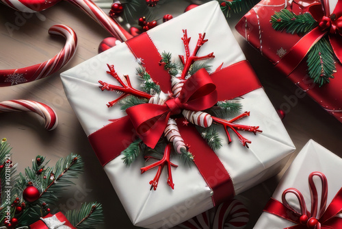 Beautifully Wrapped Christmas Gift Box with Red Ribbon and Festive Ornaments.