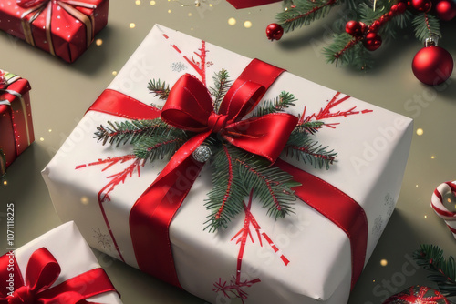 Beautifully Wrapped Christmas Gift Box with Red Ribbon and Festive Ornaments.