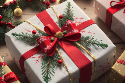 Beautifully Wrapped Christmas Gift Box with Red Ribbon and Festive Ornaments.