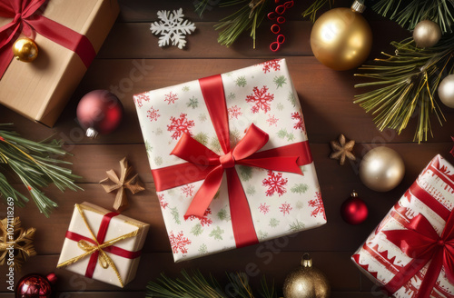 Beautifully Wrapped Christmas Gift Box with Red Ribbon and Festive Ornaments.