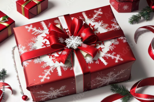 Beautifully Wrapped Christmas Gift Box with Red Ribbon and Festive Ornaments.