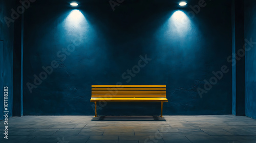 An empty yellow bench in a dark blue room with spotlights